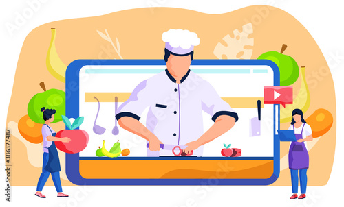 Culinary video broadcast, channel or blog with cooking online class. A girl carries a large red apple while a woman stands with a laptop and works on her computer. Chef on tablet screen cuts paprika