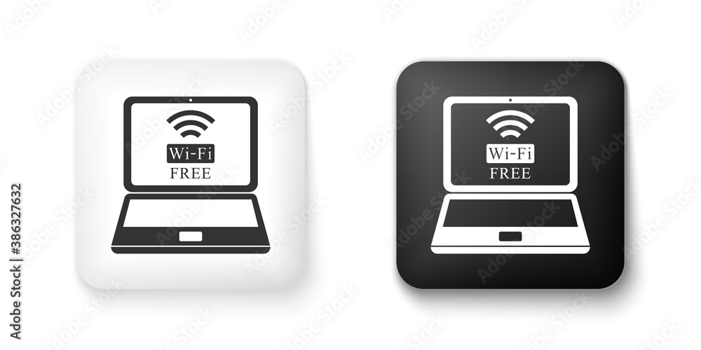 Black and white Laptop and free wi-fi wireless connection icon isolated on white background. Wireless technology, wi-fi connection, network, hotspot concepts. Square button. Vector. Black and white Laptop and free wi-fi wireless connection icon isolated on white background. Wireless technology, wi-fi connection, network, hotspot concepts. Square button. Vector.