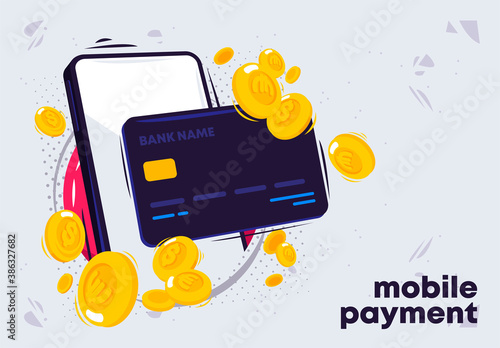 Vector illustration of a smartphone with a Bank card and gold coins, mobile payment for purchases on the Internet