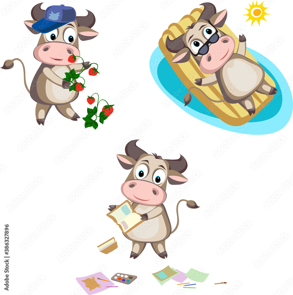 funny bull, bull in various poses and situations, drawing, 2021 year, vector, images funny bull, bull in various poses and situations, drawing, 2021 year, vector, images