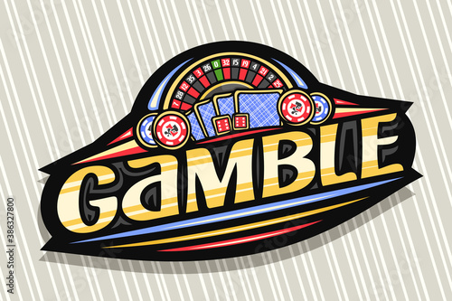 Vector logo for Gamble, dark modern badge with illustration of top view roulette and back playing cards, unique orange lettering for word gamble, gambling sign board with decorative trendy line art.