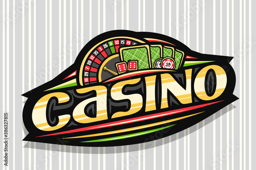 Vector logo for Casino, dark modern badge with illustration of top view roulette and green back playing cards, unique lettering for word casino, gambling sign board with decorative trendy line art.