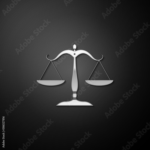 Silver Scales of justice icon isolated on black background. Court of law symbol. Balance scale sign. Long shadow style. Vector.