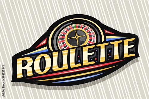Vector logo for Roulette, dark modern badge with illustration of top view roulette wheel, unique lettering for orange word roulette, gambling sign board with decorative flourishes and trendy line art.
