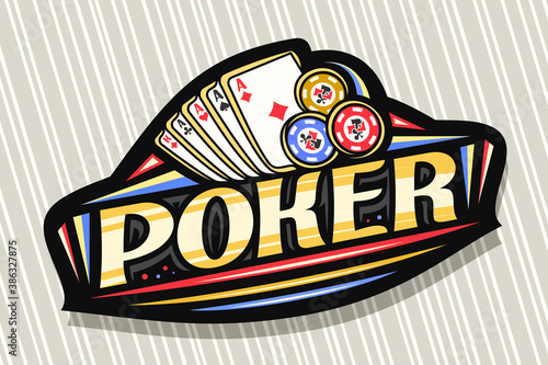 Vector logo for Poker Gamble, dark modern badge with illustration of playing cards and chips, unique lettering for orange word poker, gambling signboard with decorative flourishes and trendy line art.