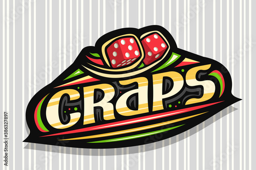 Vector logo for Craps Gamble, dark modern badge with illustration of 2 red thrown cartoon cubes, unique lettering for word craps, gambling sign board with decorative flourishes and trendy line art.