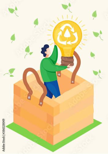A man stands in a wooden box and raises a large light bulb with a recycling logo on it. Production of environmentally friendly electricity. Recycling garbage and unnecessary things. Natural products