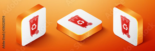 Isometric Recycle bin with recycle symbol icon isolated on orange background. Trash can icon. Garbage bin sign. Recycle basket icon. Orange square button. Vector.