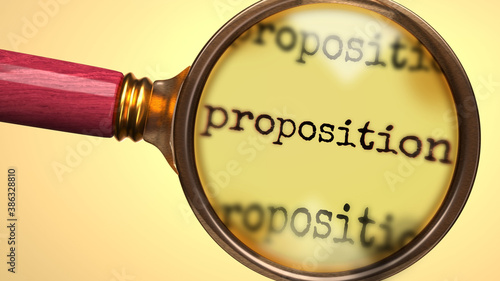 Examine and study proposition, showed as a magnify glass and word proposition to symbolize process of analyzing, exploring, learning and taking a closer look at proposition, 3d illustration