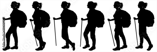 Girls with walking sticks walk behind each other. Hiking. Tourists with backpacks on their back in the hike. Side view, profile. Six black female silhouettes are isolated on a white background.