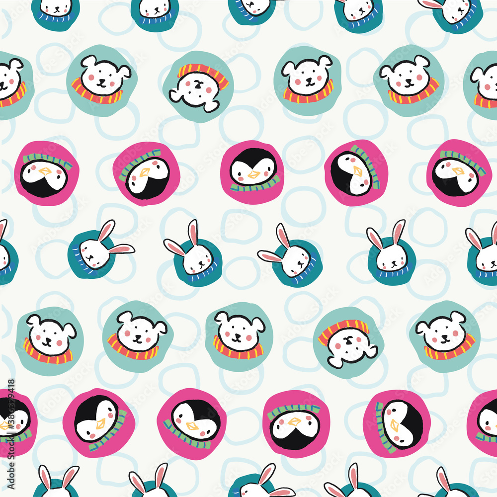 Penguin Polar Bear Bunny Rabbit Scarf Circle Christmas Seamless Pattern Penguin Polar Bear Bunny Rabbit Scarf Circle Christmas Seamless Pattern