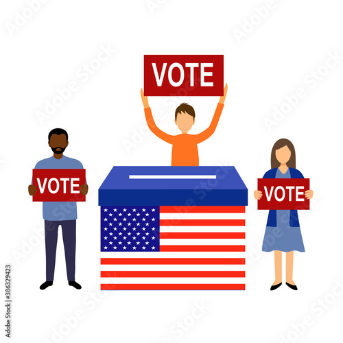 People standing with ballot box and holding sign of vote text for America president election campaign. Election Day in the country. Vote for your voice vector illustration.