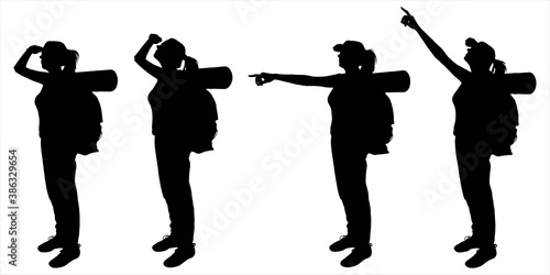 Girl with a backpack behind her back. Woman stands and shows the direction with her hand. Tourist looks up and around. Hiking. Four black female silhouettes are isolated on a white background.
