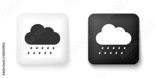 Black and white Cloud with rain icon isolated on white background. Rain nimbus cloud precipitation with rain drops. Square button. Vector.