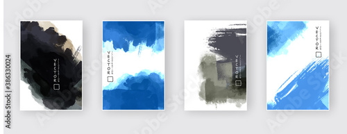 vector black and blue ink brush stroke set