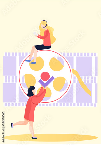Woman in headphones sitting on film reel and working with a phone in social networks on background of purple videotapes. Female character in casual clothes holding device in hands and watching video