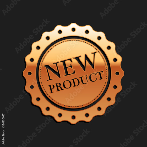 Gold New product label, badge, seal, sticker, tag, stamp icon isolated on black background. Long shadow style. Vector.