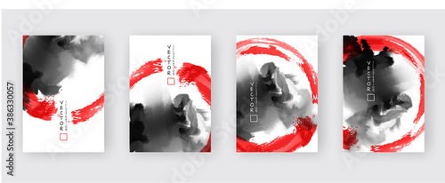 Red and black abstract background with ink splats set