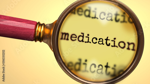 Examine and study medication, showed as a magnify glass and word medication to symbolize process of analyzing, exploring, learning and taking a closer look at medication, 3d illustration