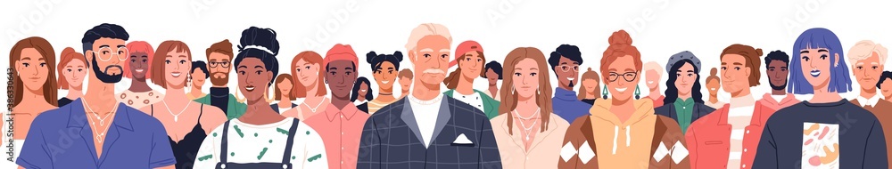 Portrait of diverse people standing together vector flat illustration. Group man and woman of different nationality and ages isolated. United of various generations. Social diversity or population Portrait of diverse people standing together vector flat illustration. Group man and woman of different nationality and ages isolated. United of various generations. Social diversity or population