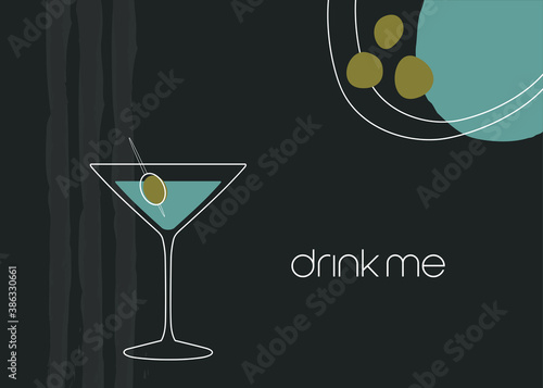 Modern design coctail glass with olive, dark background, drink doodle vector