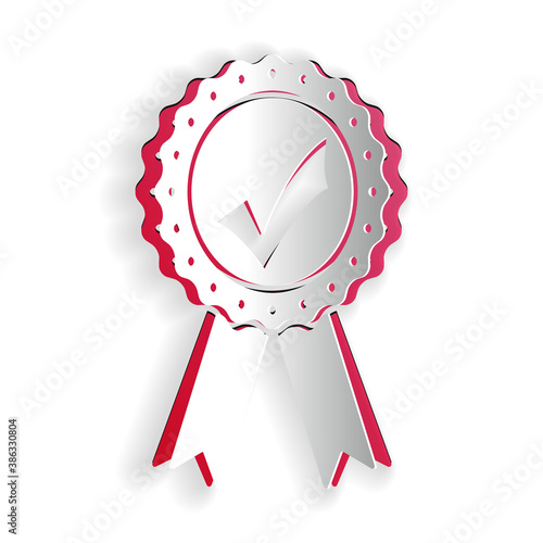 Paper cut Approved or certified medal with ribbons and check mark icon isolated on white background. Paper art style. Vector.