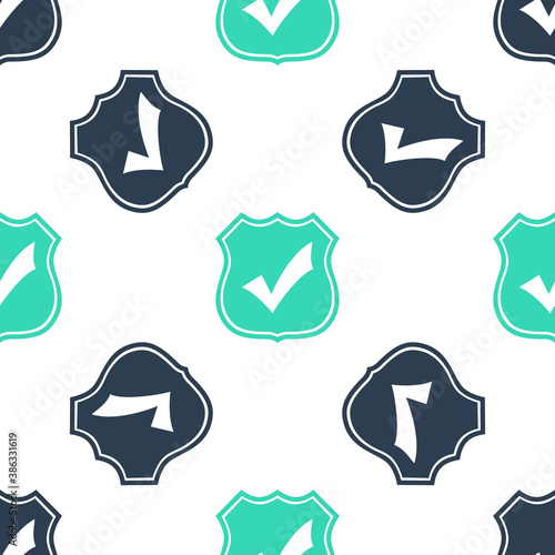 Green Shield with check mark icon isolated seamless pattern on white background. Protection, safety, security, protect, defense concept. Tick mark approved icon. Vector.