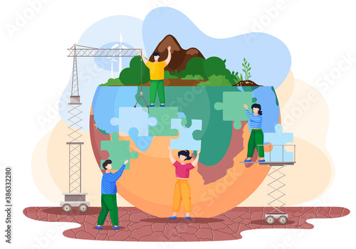 People are trying to save world ecology. Volunteers male and female characters are working together building a green planet from blocks of puzzles. Earth day environment saving and nature care concept