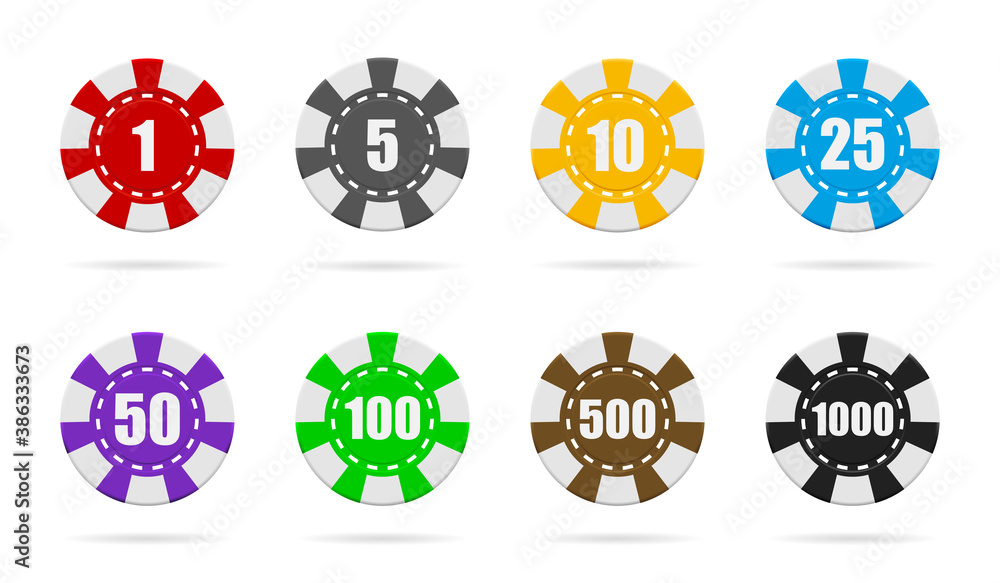 Poker chip of casino. Token or coin isolated on white background. Set of red, blue, black, green, gold chips for game in Las Vegas. Icon for gambling. Jackpot in roulette. Logos for bet, play. Vector