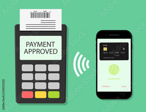 Payment from phone on pos terminal. Pay card for transaction from mobile. Icon of contactless online payment. Nfc technology. Credit card with money in smartphone app. Electronic checkout. Vector