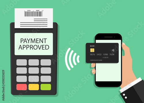 Payment from card in phone on pos terminal. Contactless transaction from mobile. Icon for paypass, nfc pay from credit card in smartphone. Phone in hand for online, wireless, cashless payment. Vector