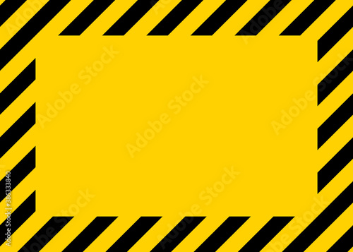 Caution, warning in yellow-black border. Warning tape of danger on construction area. Sign of hazard. Frame-background for safety from accident on street. Banner, board for attention on road. Vector