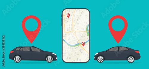 Car with app of cab in mobile. Uber taxi. Rent of car in city. Online service with location of auto in phone. Application of gps navigation on road for travel. Order for taxi with urban map. Vector