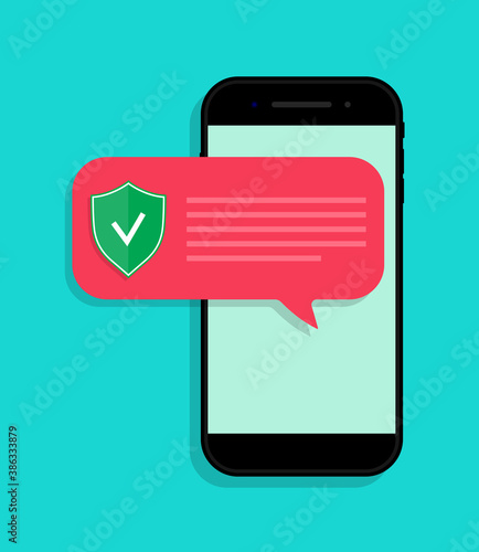 Phone protect from virus. Notification with alert about secure in smartphone. App for safe from fraud in mobile. Icon for anti spam in telephone. Scam and hackers attack, defence from them. Vector.