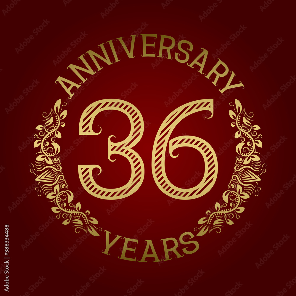 Golden emblem of thirty sixth anniversary. Celebration patterned sign on red. Golden emblem of thirty sixth anniversary. Celebration patterned sign on red.