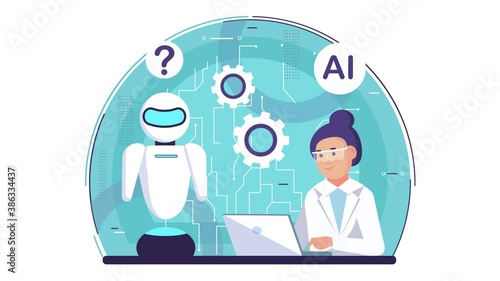 The development of artificial intelligence. A scientist is developing a robot. Futuristic development. Artificial intelligence (AI) animation