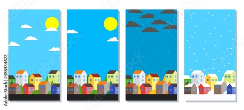all seasons city landscape scenery for social media story or status banner. spring, summer, autumn or fall, winter, rainy and dry