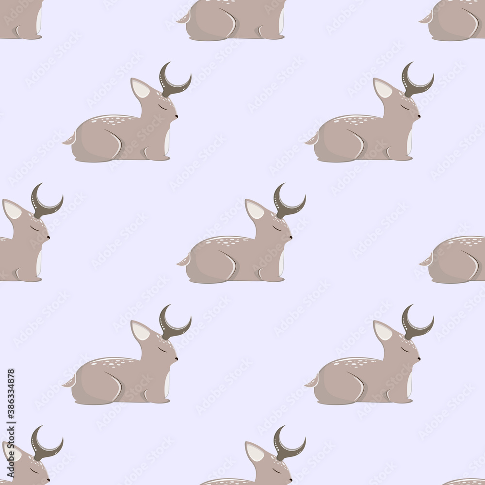 Naklejka premium Seamless pattern with a sleeping deer on a blue background. Cute pattern for baby