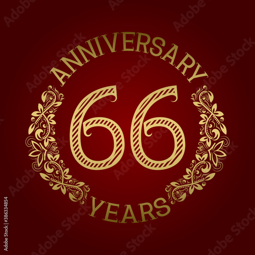 Golden emblem of sixty sixth anniversary. Celebration patterned sign on red.