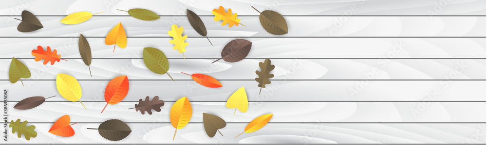 Autumn banner with red, orange, brown, and green leaves on white wwoden board. Fall design vector illustration.