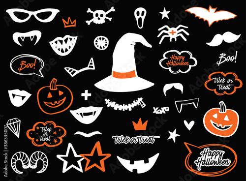 Cartoon halloween chalk decoration design. Vector illustration template. White orange silhouette on black background. Halloween party mask for photo booth. Witch hat, vampire mouth.