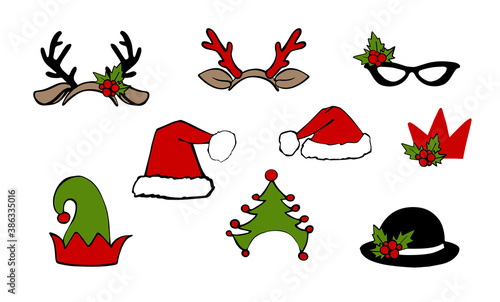 Christmas santa hat and reindeer headband, claus, elf, deer costume holiday photo booth props. Vector xmas masquerade party accessories collection. Noel decoration with fun sign in arrow and bubble.