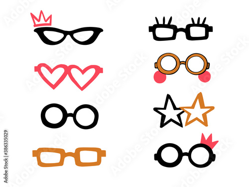 Vector glasses collection. Photo booth props mask for wedding, birthday, christmas. Party funny cute eyeglasses carnival for paper design. Pink, gold, black cartoon illustration on white background.