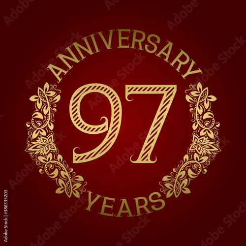 Golden emblem of ninety seventh anniversary. Celebration patterned sign on red.