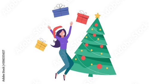 Merry Christmas fir tree and happy woman, animation illustration.