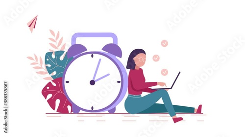 The girl sits at a laptop and attends online classes. Technologies in modern education. Distance learning