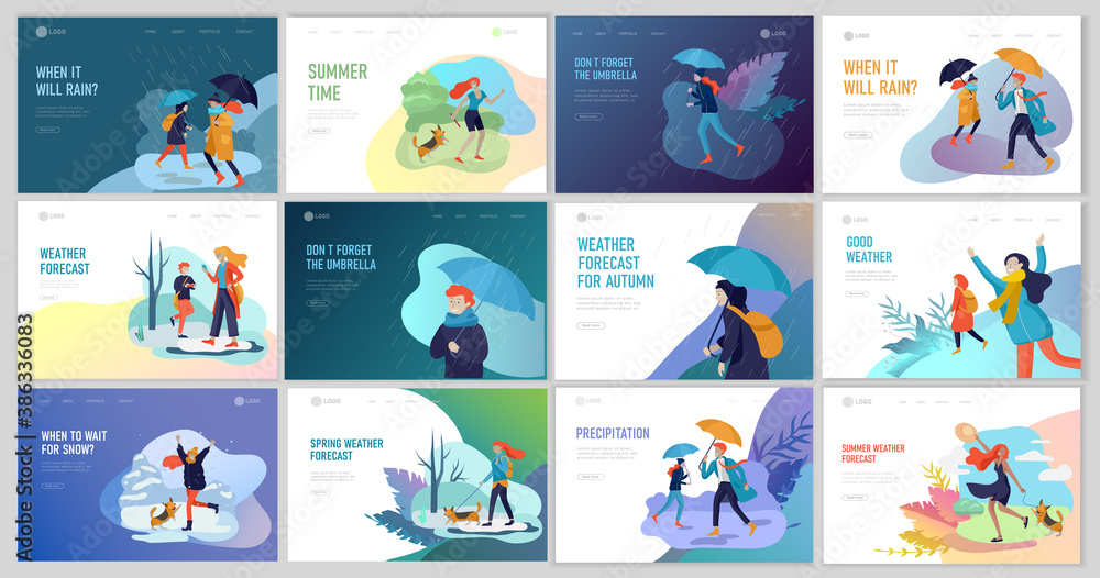 People character in various weather conditions. Man and woman in seasonal clothes and enjoys walking on street in rain, snowfall, summer heat. Colorful vector cartoon