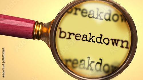 Examine and study breakdown, showed as a magnify glass and word breakdown to symbolize process of analyzing, exploring, learning and taking a closer look at breakdown, 3d illustration