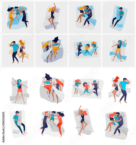 Collection of sleeping people character. Family with child are sleep in bed together and alone in various poses, different postures during night slumber. Top view. Colorful vector