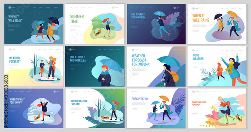 People character in various weather conditions. Man and woman in seasonal clothes and enjoys walking on street in rain, snowfall, summer heat. Colorful vector cartoon